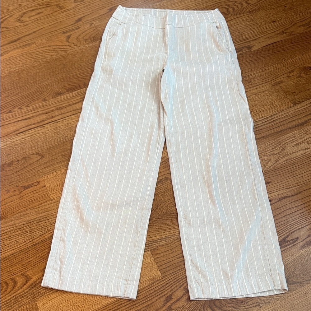 Chico’s Linen Blend Pinstripe Wide Leg Crop Pants Beige Size Chicos 0R or 4R